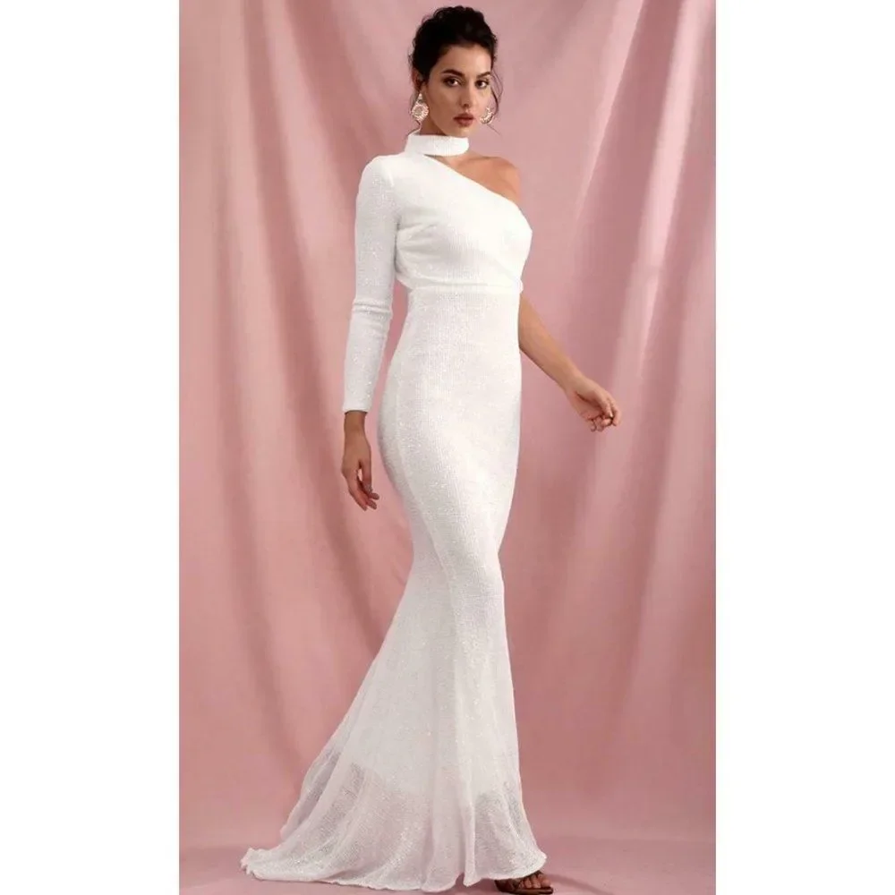 White Sequin Long Sleeve One Shoulder Mock Neck Bodycon Mermaid Maxi Dress NWT - Picture 5 of 8